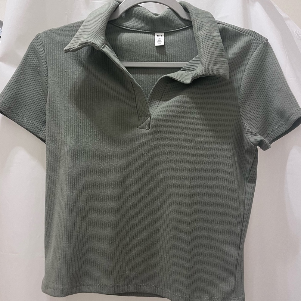 BP sage pale green ribbed short sleeve polo cropped shirt